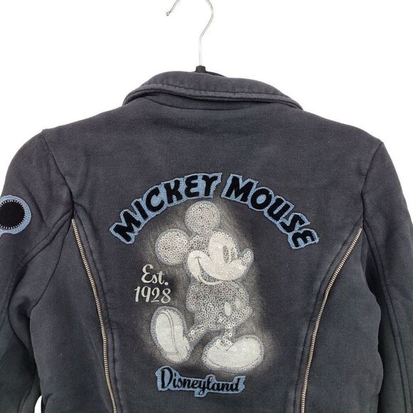 Disney Parks Disneyland Moto Jacket Sweatshirt M Black Sequined Mickey 3D Zip - Picture 11 of 17